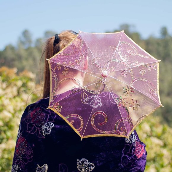 Umbrella Parasol Accessories - Pink Floral Swirl Sequin Mesh Parasol Umbrella